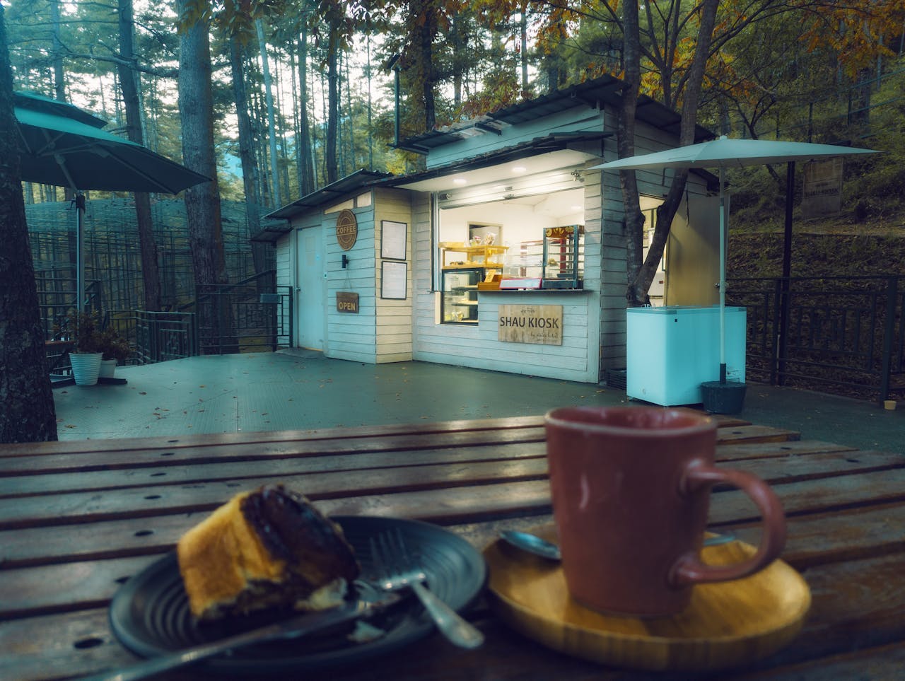 A cozy café kiosk nestled in a serene wooded area in Thimphu, Bhutan.